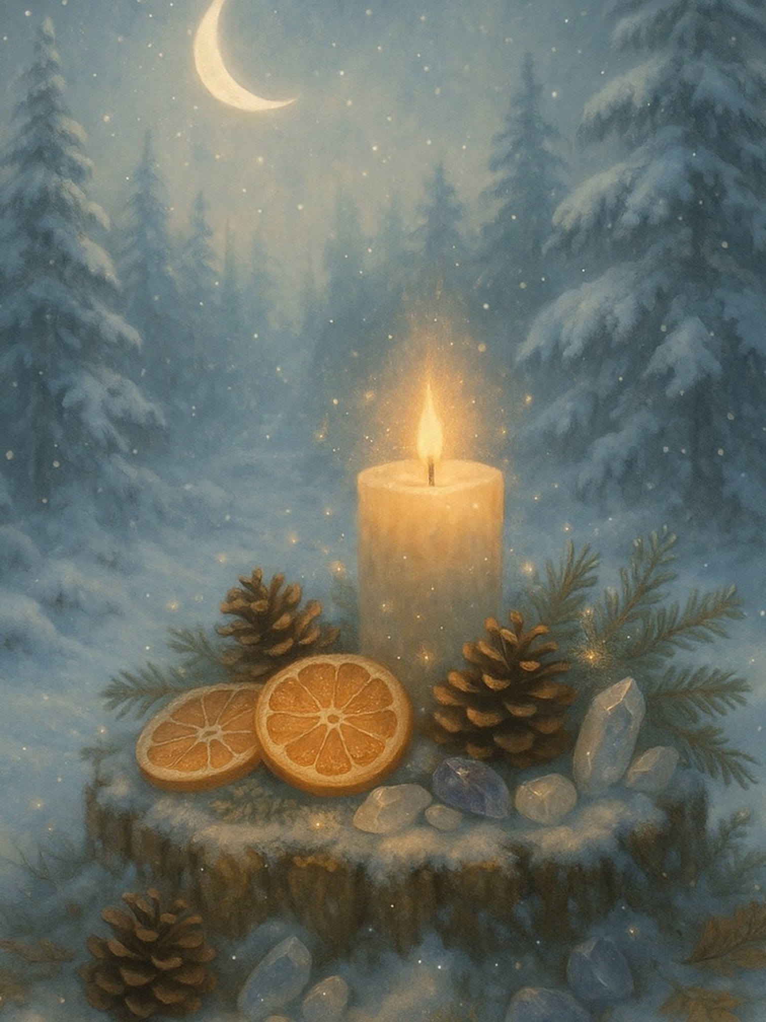 Yule-stubbe med kristaller, kottar och apelsinskivor i snön